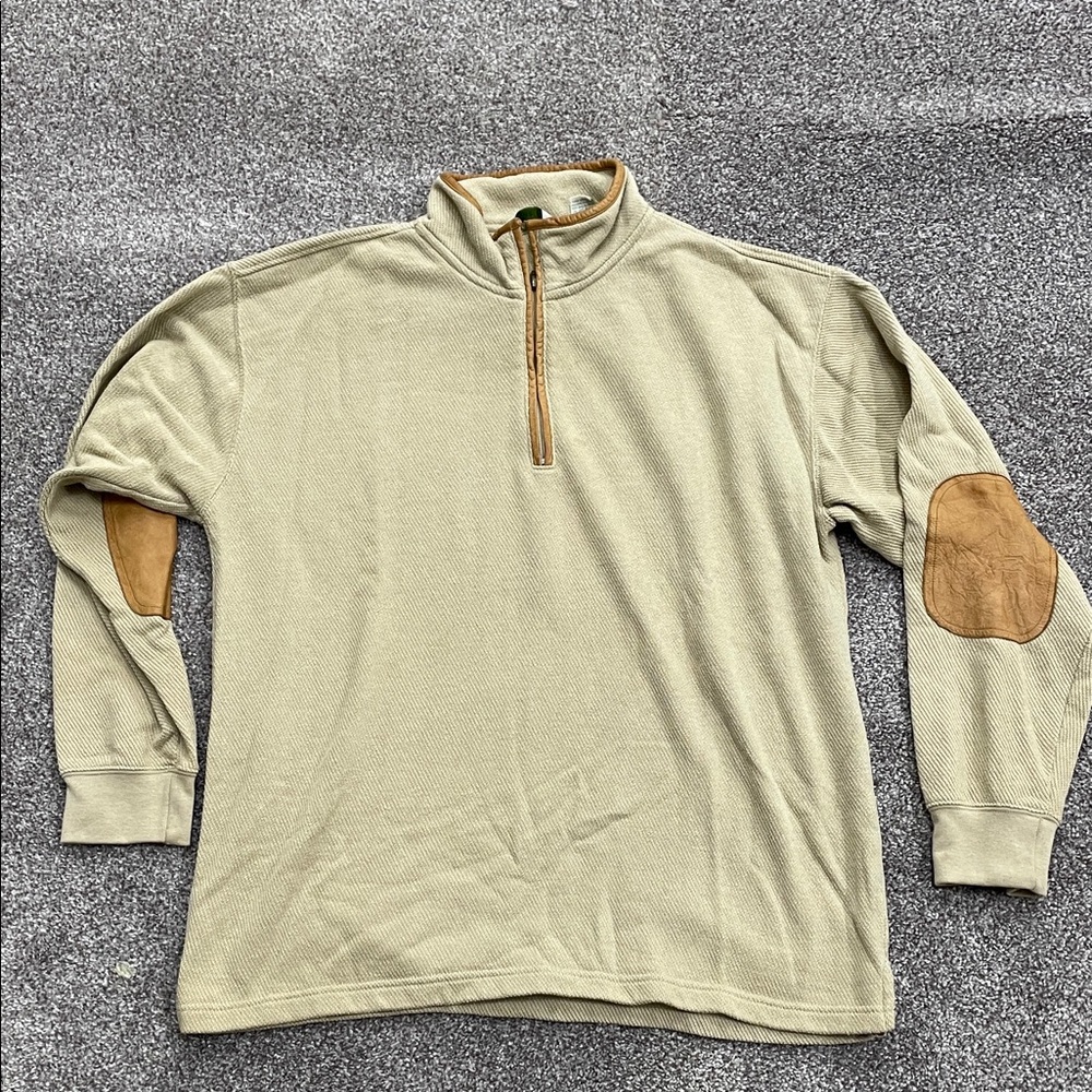 Orvis Tan Zip-Up Sweater with Camel Patches